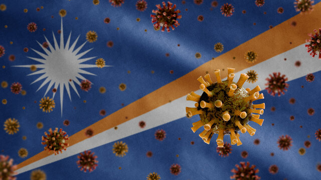 3D, Marshallese Flag Waving With Coronavirus Outbreak. Marshall Covid 19