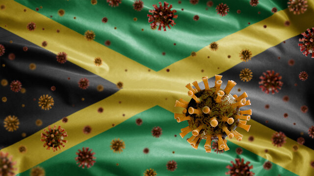 3D, Jamaican flag waving with Coronavirus outbreak. Jamaica Covid 19