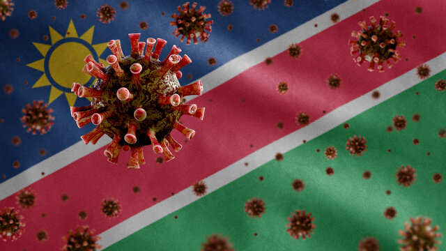 3D, Flu Coronavirus Floating Over Namibian Flag. Namibia And Pandemic Covid 19