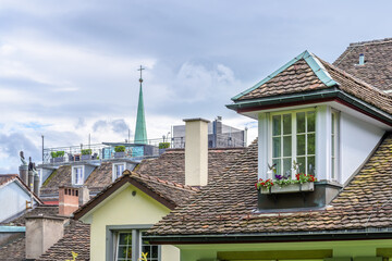 View of historic Zurich city center  on a summer day, Canton of Zurich, Switzerland.