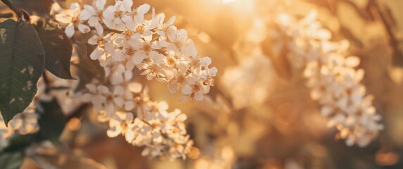 Fototapeta premium Beautiful bird cherry tree in blossom in sunlight. White little flowers. Spring blooming floral background. Selective focus. Banner. 