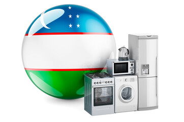 Kitchen and household appliances with Uzbek flag. Production, shopping and delivery of home appliances in Uzbekistan concept. 3D rendering