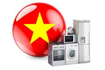 Kitchen and household appliances with Vietnamese flag. Production, shopping and delivery of home appliances in Vietnam concept. 3D rendering