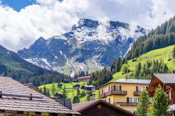 Fototapeta na wymiar Beautiful Swiss mountain valley landscape with a house roof.