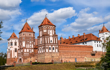 Fototapeta na wymiar Medieval castle in Mir, Belarus. An outstanding example of the defensive architecture of the XVI century. Gothic style. The Grodno region Belarus. 