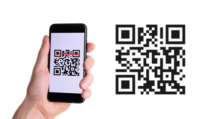 Pay qr code. Hand holding mobile smartphone screen for payment, online pay, scan barcode with qr...