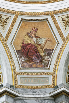 Esztergom, Hungary. Mosaic and fresco depicting Saint Augustine, one of the Four Great Fathers of the Western Church, in Esztergom Basilica. The fresco was created by Ludwig Moralt in 1840s.