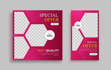 Set of Editable minimal square banner template. Pink background color with geometric shapes for social media post and web internet ads. Vector illustration