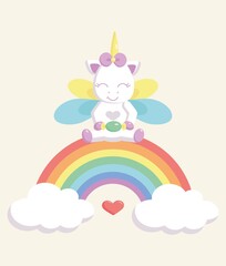 unicorn sitting on a rainbow with candy in his hands, cloud with colored raindrops, bright, colorful card for children's birthday, stylized vector graphics