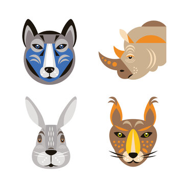 Animals faces. Set illustrations. Animal portraits. Zoo collection. Wolf, rabbit, rhinoceros, lynx
