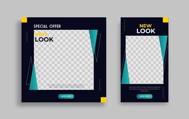 Set of Editable minimal square banner template. Green blue background color with geometric shapes for social media post and web internet ads. Vector illustration