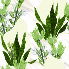 Abstract seamless pattern with leaves and flowers. Vector background for various surface. Trendy hand drawn textures.