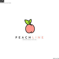 Fresh peach logo. Isolated fruit with leaves on white background