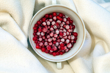 frozen red currants in a half bowl on a light background