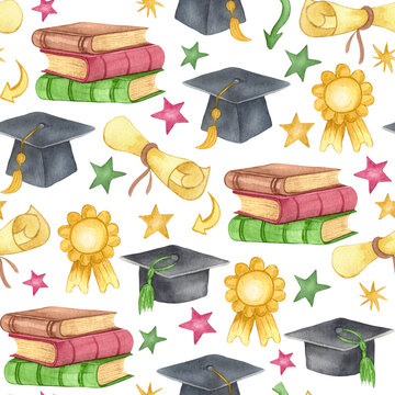 Graduation seamless pattern. graduation cap, stars, and a stack of books. Hand-drawn school supplies background.
