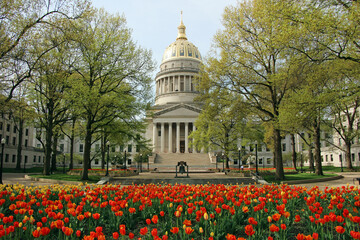 The West Virginia State Capitol looks beautiful surrounded by spring tulips in Charleston.