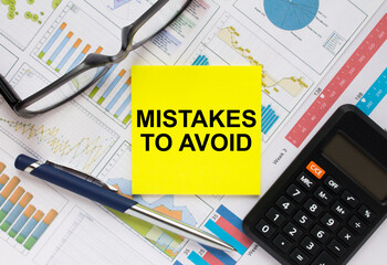 Sticker with text Mistakes To Avoid with, glasses, pen and calculator