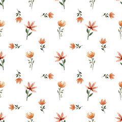 Fototapeta premium Watercolor delicate pattern from botanical sketches in warm and sunny colors, a pattern of flowers with green leaves on a white background