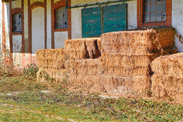 Rectangular hay bales in front of old abandoned farm building