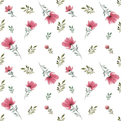 Watercolor pattern of botanical sketches of flowers in pink tones, a pattern of delicate roses and other flowers with green leaves on a white background