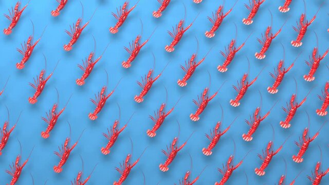 Whole ocean red tasty boiled delicious lobster or steamed healthy cooking river crayfish seamless looping animated background, seafood and marine cuisine concept 3d render animation