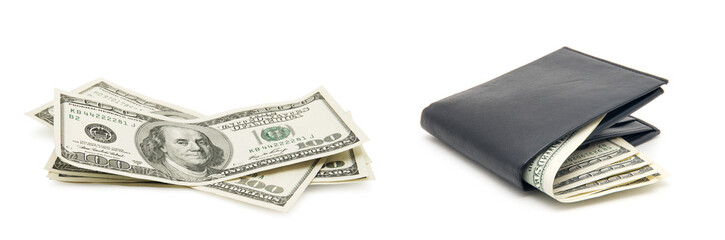 Purse with money on white background
