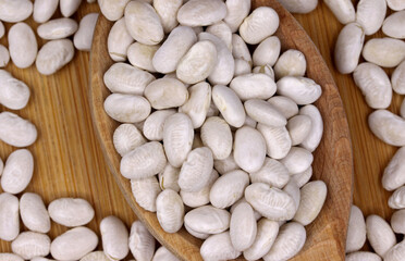 organic dried white beans in wooden spoon