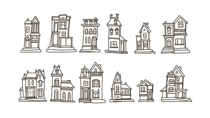 Doodle hand drawn vector set illustrations of simple buildings on a white background. Collection cartoon houses black and white outline. 