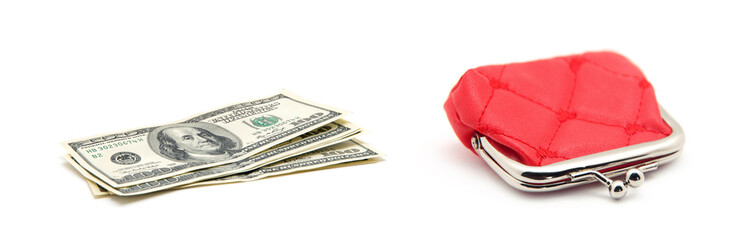 Red purse and money isolated on white