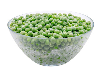 Green frozen peas. In a glass dish
