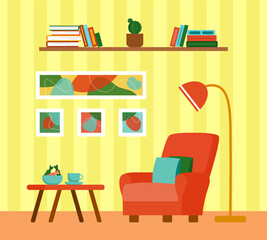 Stylish retro design of the living room: armchair, coffee table, lamp, shelf for books, paintings with abstract. Large comfortable red chair. Flat style vector illustration