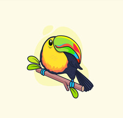 Funny colorful toucan sitting on branch.Bird for design birthday cards,zoo ad,fashion print,stickers,invites,nature concept,children book.Tucan in wild life.South America fauna.Vector illustration. © tandav