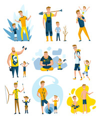 Collection of fathers who spend time with sons. Dads and sons happy family concept. Fatherhood flat cartoon vector illustration. Outdoor activity