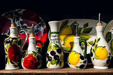 Hand painted ceramic bottles for oil, vinegar and wine
