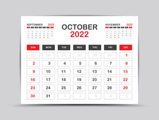 Calendar 2022 template minimal style, October month artwork, Desk calendar 2022 year, Wall calendar. Week starts on Monday, Planner, Printing media, poster, advertisement, Red background, vector
