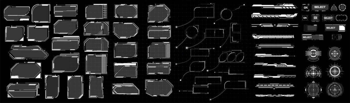 Mega set of futuristic high-tech elements in the style of HUD. Frames, footnotes, sights, buttons in the game style. Modern elements of cyberpunk. Vector illustration
