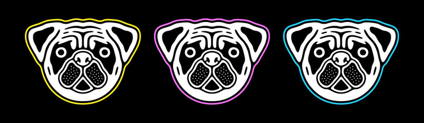 Retro cute dog. Sad pug head. 