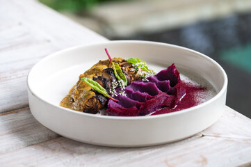 Plant based vegan cuisine. close up photo