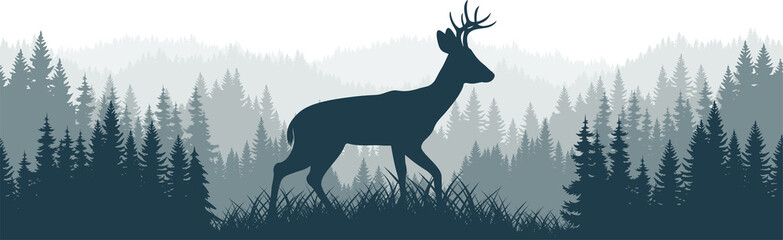 vector mountains forest woodland background texture seamless pattern with Roe deer © Save Jungle