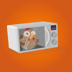 retro cartoon illustration of a chicken in a microwave oven