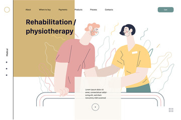 Medical insurance illustration - rehabilitation and physiotherapy. Modern flat vector