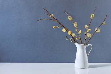 a vase with pussy willow branches on a white table, pussy willow buds blossomed in early spring, forgiven Sunday, spring, welcome © Leka