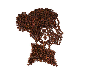Portrait of beautiful afro woman made of coffee beans, isolated on white background with copy space in flat lay