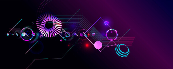 Dark retro futuristic art neon abstraction background cosmos new art 3d starry sky glowing galaxy and planets blue circle