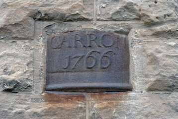 Cast Iron Name Plate from 1766 Set in Ol Rugged Stone Wall of Building 
