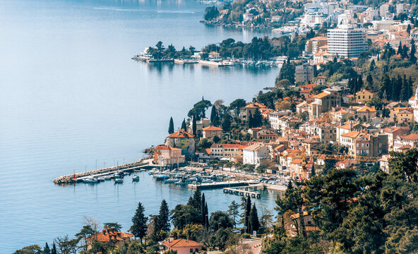 High angle view of beautiful coastline in Opatija, Croatia.