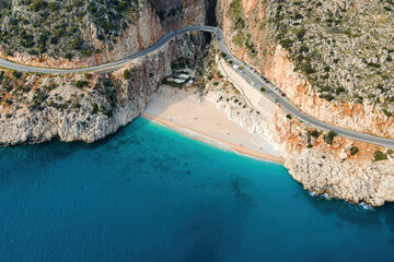 Aerial view of Kaputas beach. People enjoying sun and sea at the beautiful turquoise sea and sandy beach in Turkey