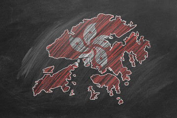 Country map and flag of Hong Kong drawing with chalk on a blackboard. One of a large series of maps and flags of different countries. Education, travel, study abroad concept.
