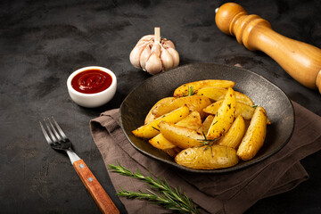Roasted potatoes with rosemary on the plate.