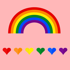 rainbow next to hearts with lgbt color on pink background